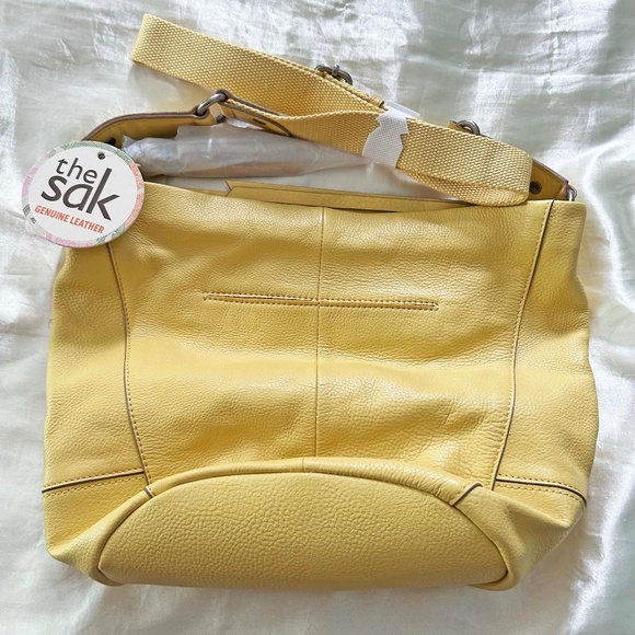 BUCKET BAG, LEATHER, YELLOW, TOP ZIPPER, ADJUSTABLE STRAP, POCKETS, by THE SAK, - Picture 1 of 16